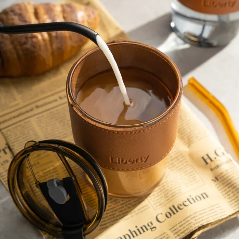 Coffee Mug Glass Tumbler With Silicone Straw and Lid 360 ml, Cup With Leather Sleeve — photo 5