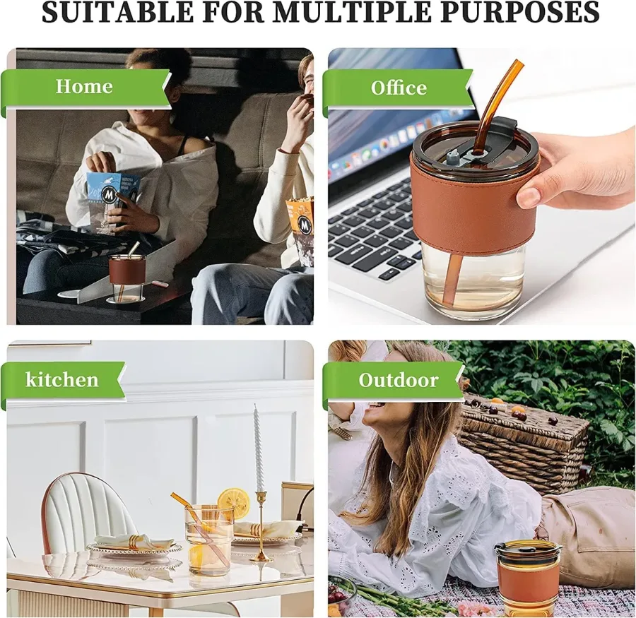 Coffee Mug Glass Tumbler With Silicone Straw and Lid 360 ml, Cup With Leather Sleeve — photo 6