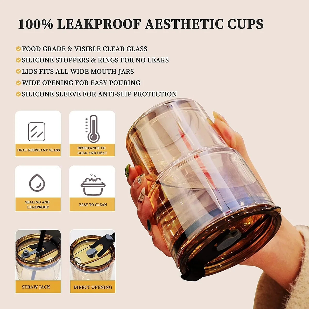 Coffee Mug Glass Tumbler With Silicone Straw and Lid 360 ml, Cup With Leather Sleeve — photo 7