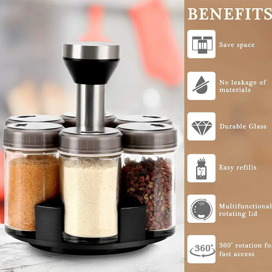 6-Jar Revolving Spice Rack Organizer with Rotating Stand and Salt & Pepper Shakers
