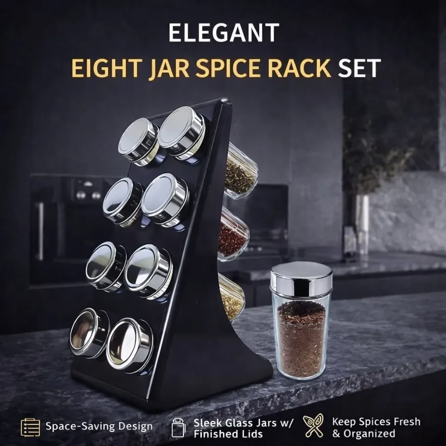 Spice Rack Set with 8 Brass Finish Lidded Jars — photo 2