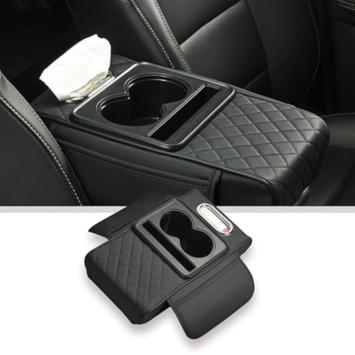 5-in-1 Car Center Console Armrest Cushion with Cup Holder Tissue Box Organizer Bag