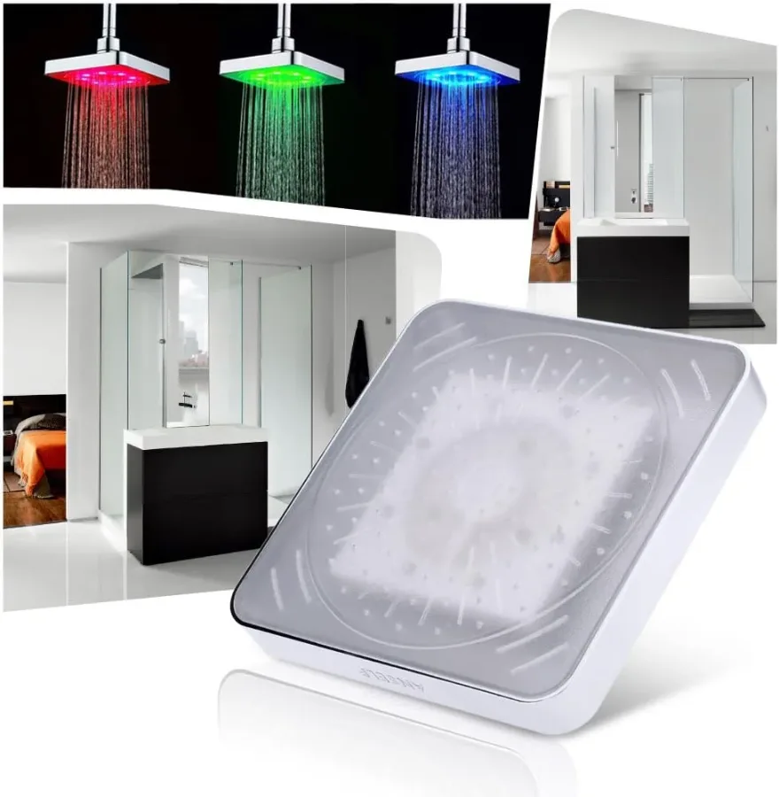 Shower Head 3 Colors Changing LED Showerhead Bathroom Rainfall Shower 6 Inch Square Temperature Control β photo 2