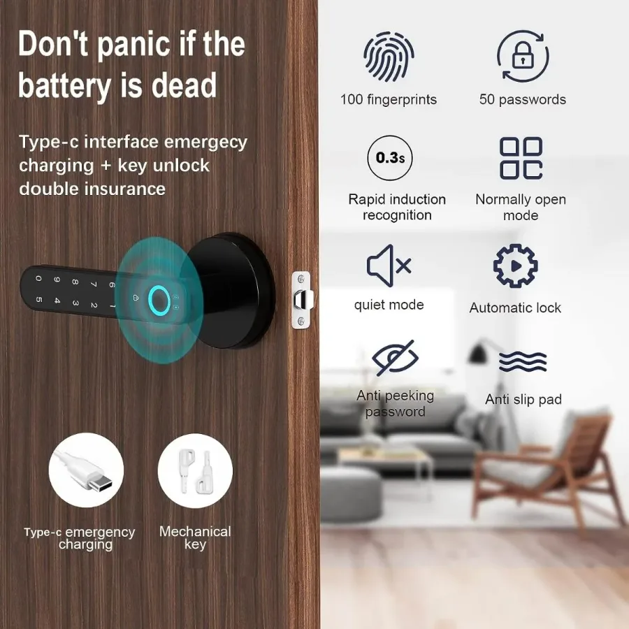 Fingerprint door lock, with password keyboard entry door handle β photo 5