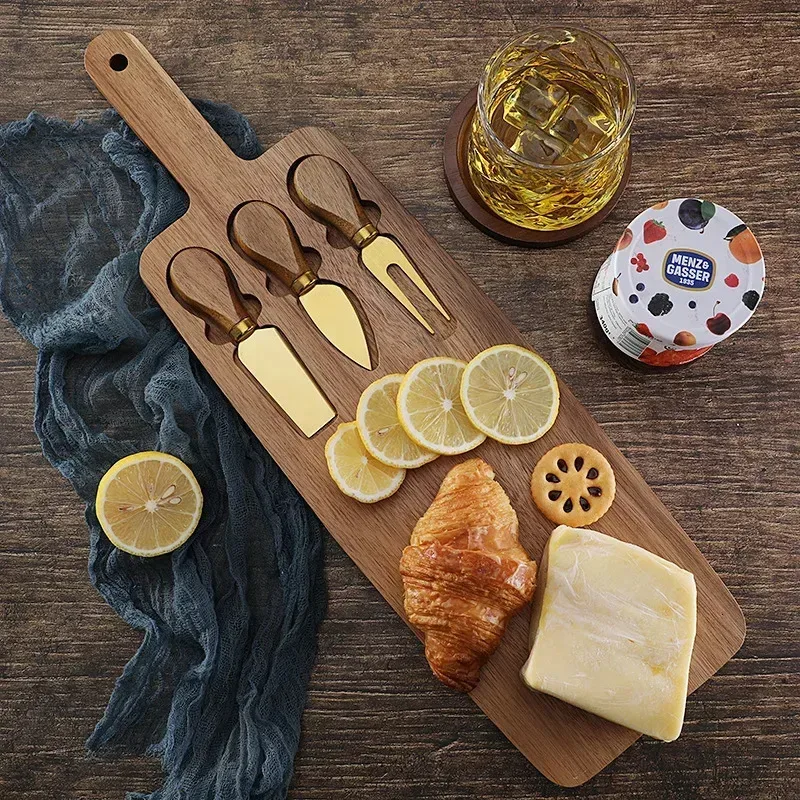 a Wood Cheese Board and Knife Set: Charcuterie Serving Platter for Meat, Cheese, Crackers