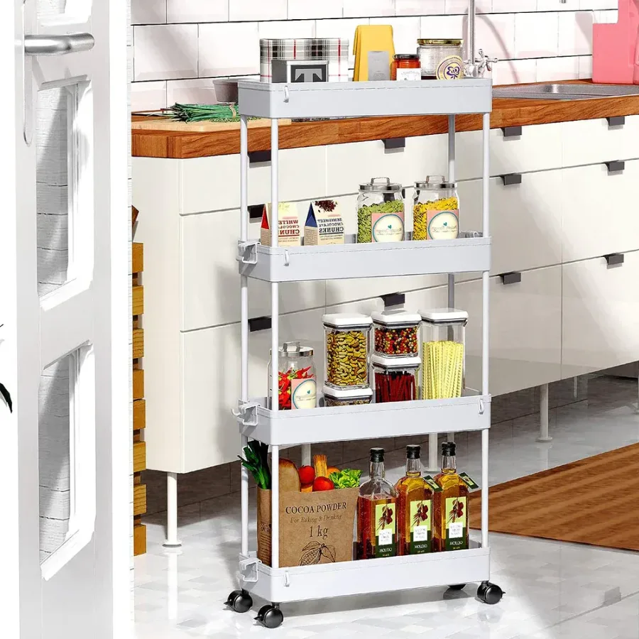 Multifunctional Floor Storage Shelves Rack Organiser with Wheels 4-Layer White — photo 3