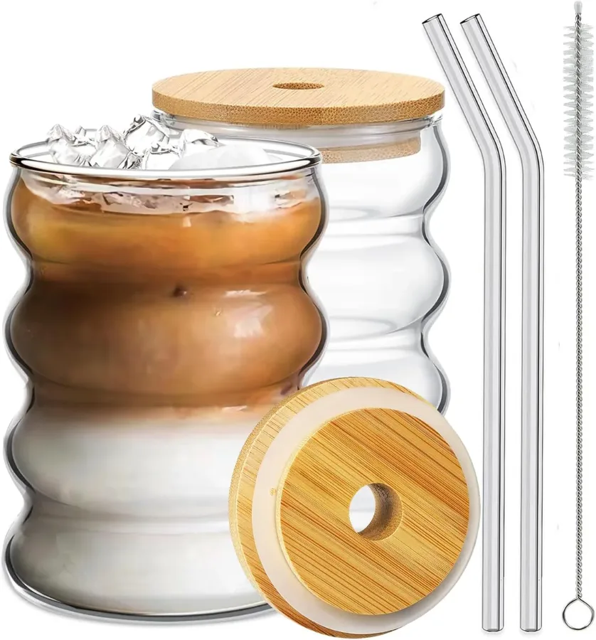 DrinkingWavy Glasses with Bamboo Lids and Glass Straw 14oz β photo 3