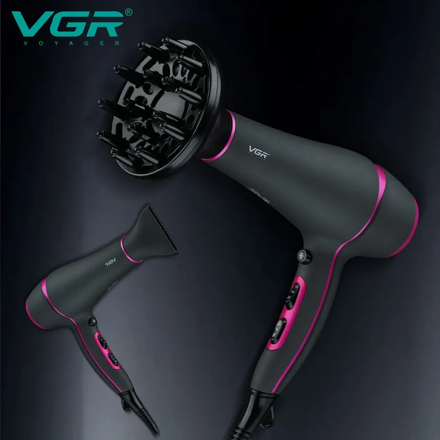 Vgr Professional Hair Dryer V402 - With Diffuser, Gray With Pink 2200W 3 Heating Settings β photo 2