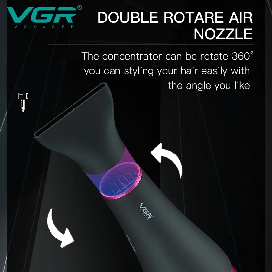 Vgr Professional Hair Dryer V402 - With Diffuser, Gray With Pink 2200W 3 Heating Settings — photo 5