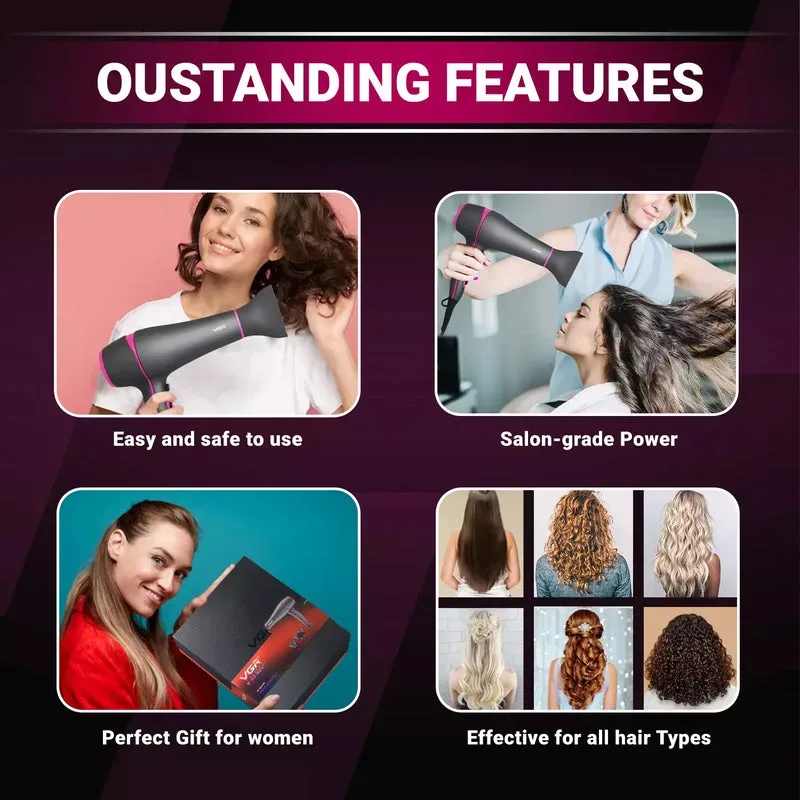 Vgr Professional Hair Dryer V402 - With Diffuser, Gray With Pink 2200W 3 Heating Settings β photo 6