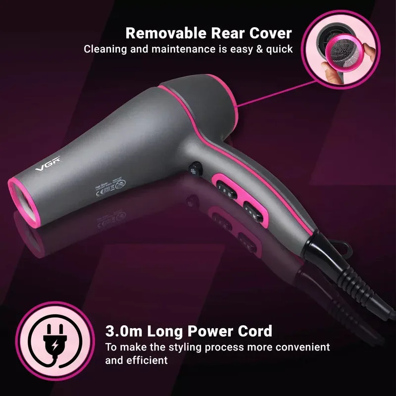 Vgr Professional Hair Dryer V402 - With Diffuser, Gray With Pink 2200W 3 Heating Settings — photo 7