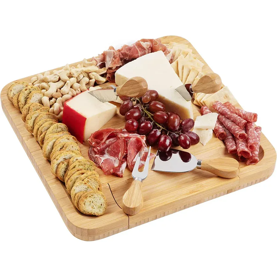 Bamboo Squared Board Wooden Serving Tray with Cutlery in Slide-Out Drawer β photo 2
