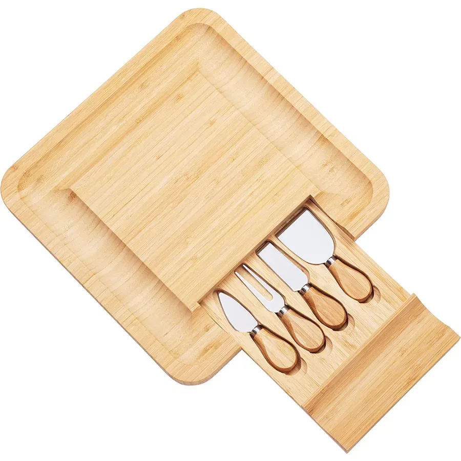 Bamboo Squared Board Wooden Serving Tray with Cutlery in Slide-Out Drawer β photo 3