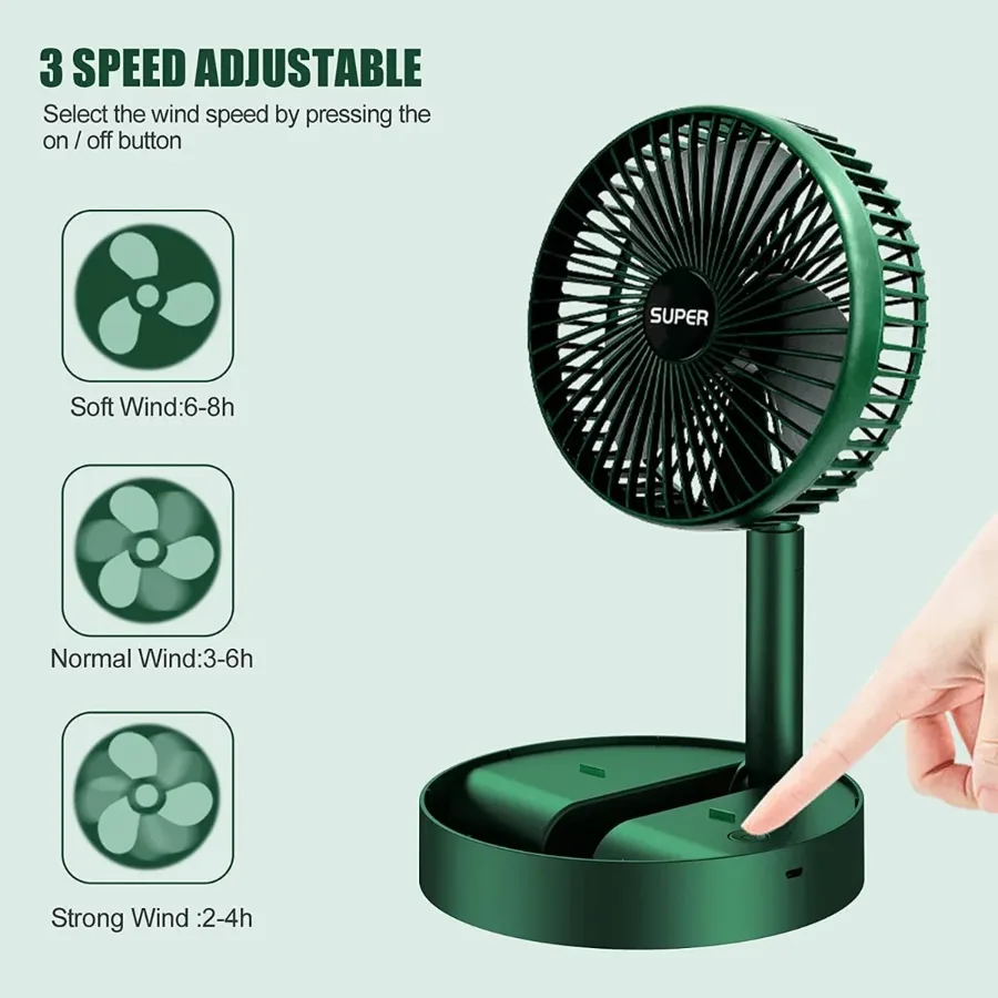 Foldable Desk Fan 3 Speeds, 180° Tilt Adjustable Rechargeable Fan with Low Noise & Long Battery Life — photo 7