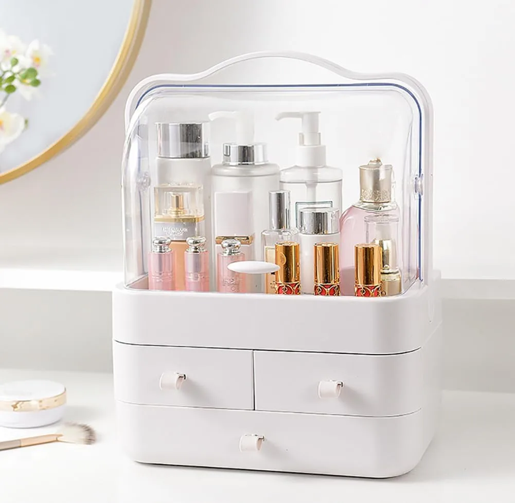 Dustproof Makeup Organizer with 3 Drawers – Waterproof Cosmetic Storage Box