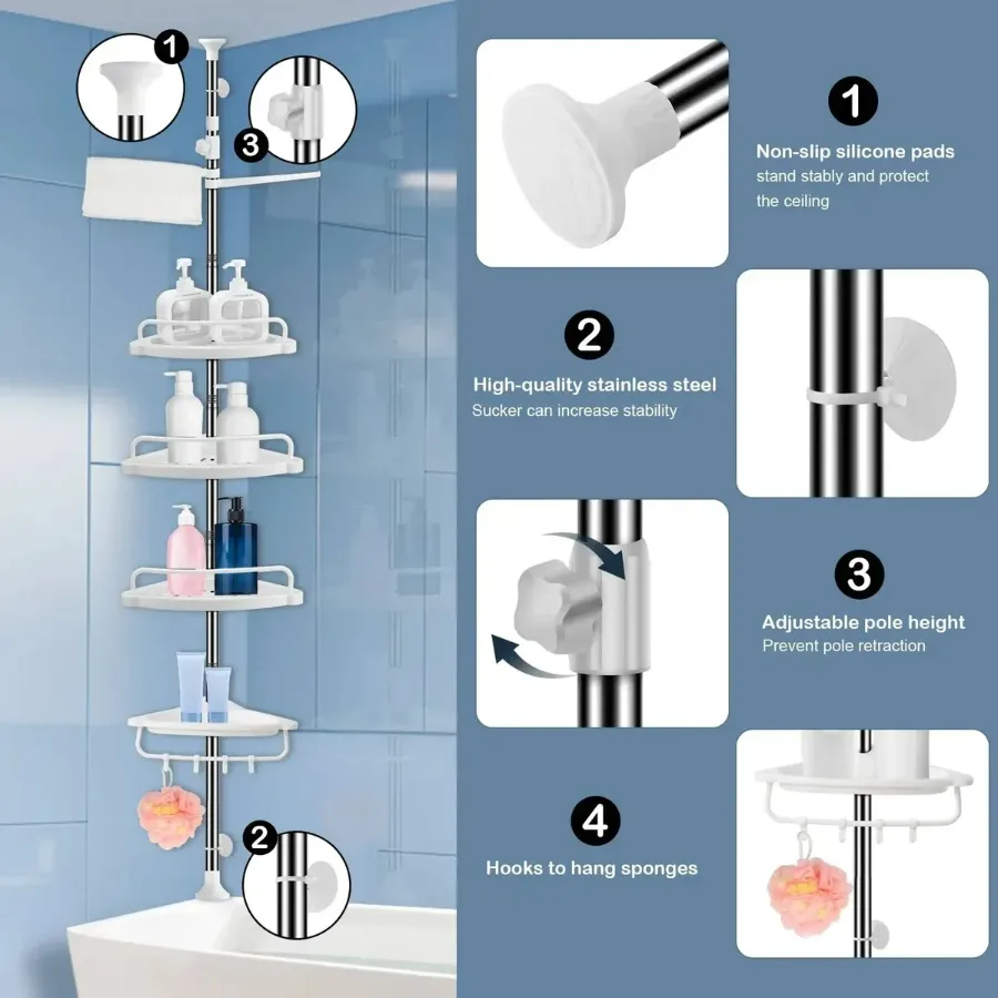 4 Tier Bathroom Corner Shelf with Towel Holder – Wall Mounted Storage Rack for Toiletries & Towels — photo 3