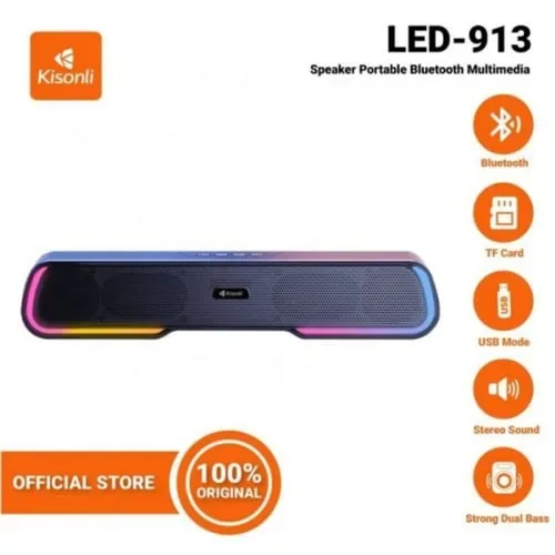Kisonli LED-913 Portable Rechargeable Battery Powered Soundbar bluetooth gaming colorful light speaker with RGB light (Black)