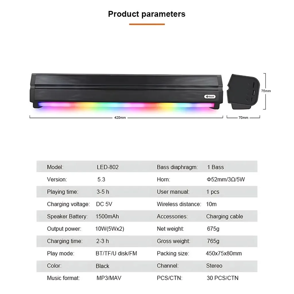 Kisonli LED-802 RGB Wireless Bluetooth Speaker 5.3 Retro Sound bar β photo 6