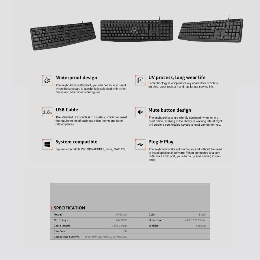 Meetion MT-K200 Economical Universal Waterproof 104 Keys USB Wired Office Keyboard β photo 5