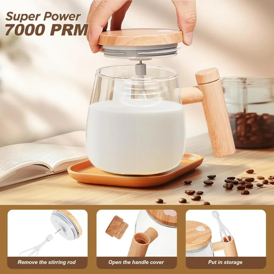 Self Stirring Coffee Mug, Glass Electric Self Mixing Cup with Lid & Handle — photo 2
