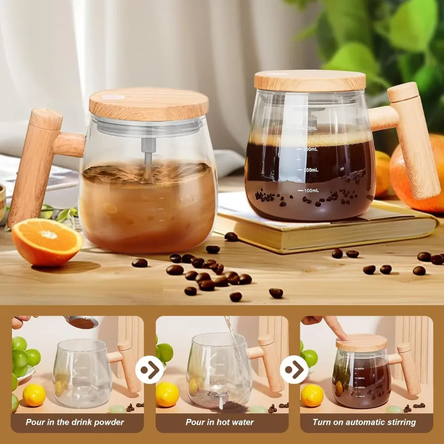 Self Stirring Coffee Mug, Glass Electric Self Mixing Cup with Lid & Handle — photo 7